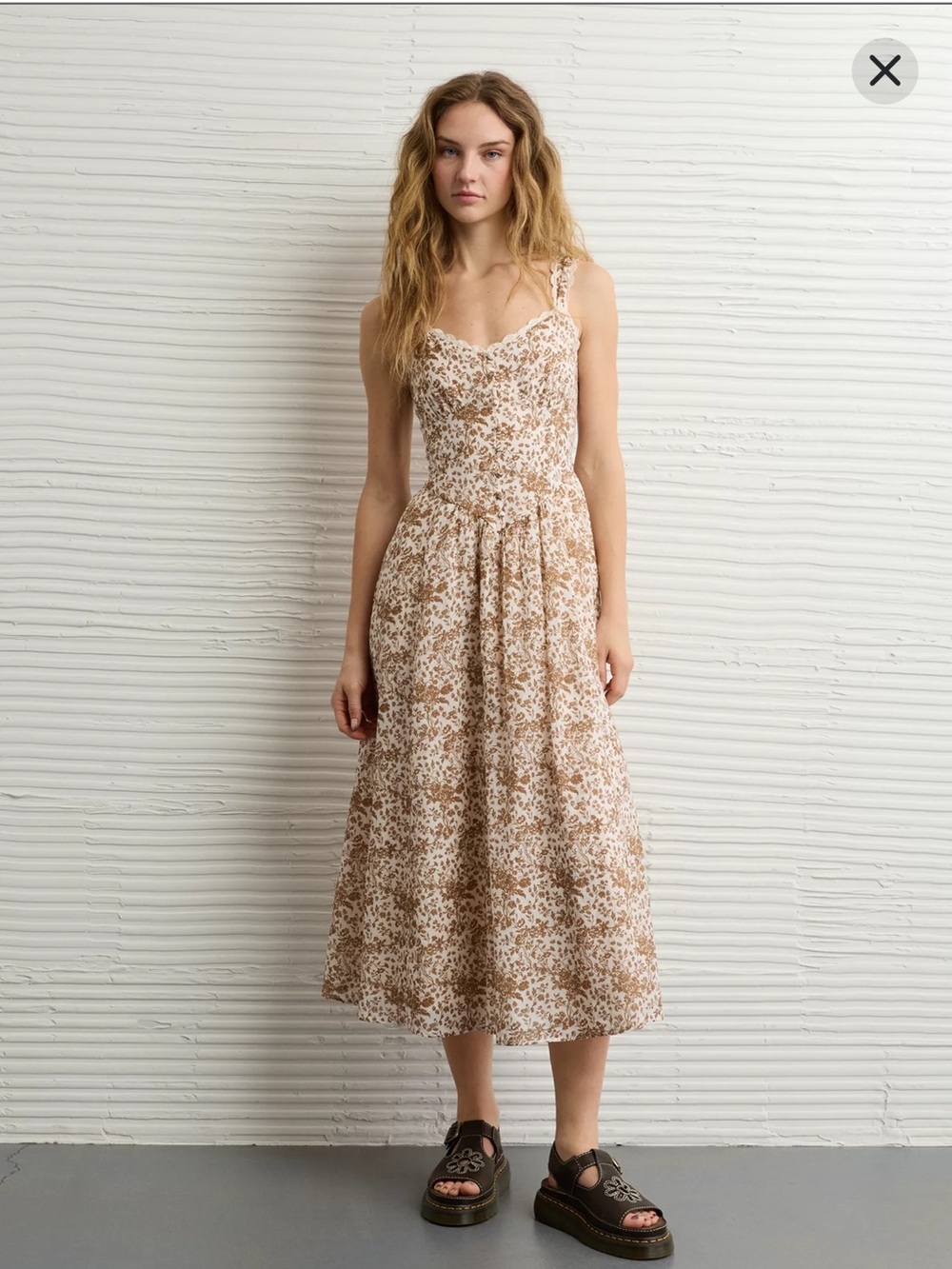 American Eagle Outfitters Cream and Brown Floral Midi Dress - Picture 7 of 13